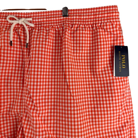 Polo Ralph Lauren Swim Trunks Mens 4XB Orange White Gingham Check Pony Logo NWT